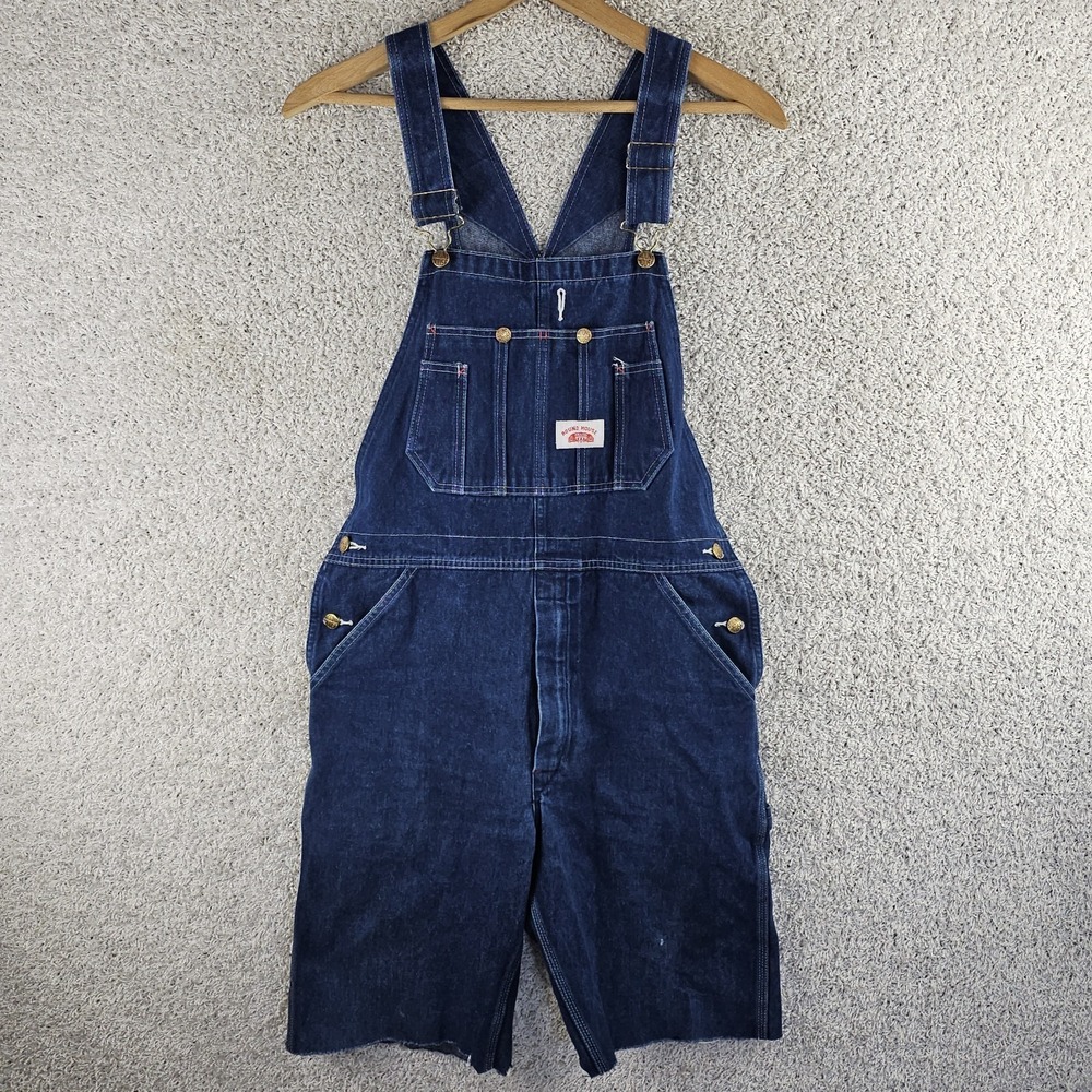 Vintage Round House Carpenter Cut Off Blue Denim Bibs Overalls Size 30x11